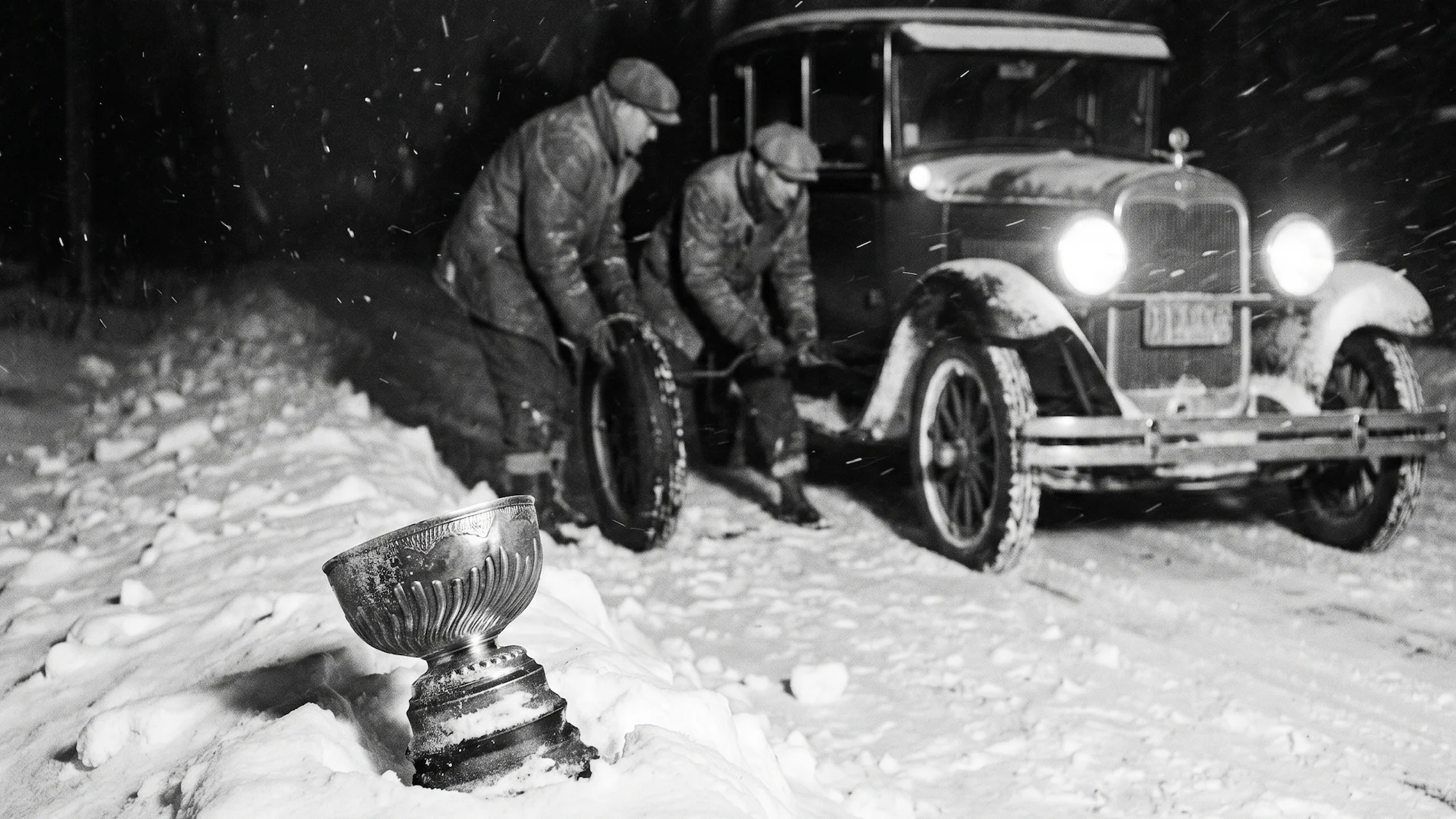 A vintage 1920s-style photograph of the silver Stanley Cup abandoned in a deep snowbank next to a broken-down historic car.