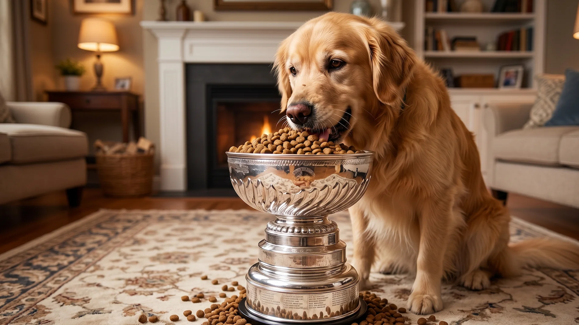 A humorous photorealistic image of a Golden Retriever eating dog food directly out of the top bowl of the Stanley Cup trophy.