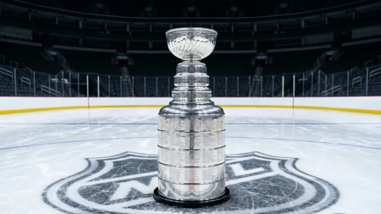 A photorealistic close-up of the tiered silver Stanley Cup hockey trophy sitting on bright ice with visible engraved names.