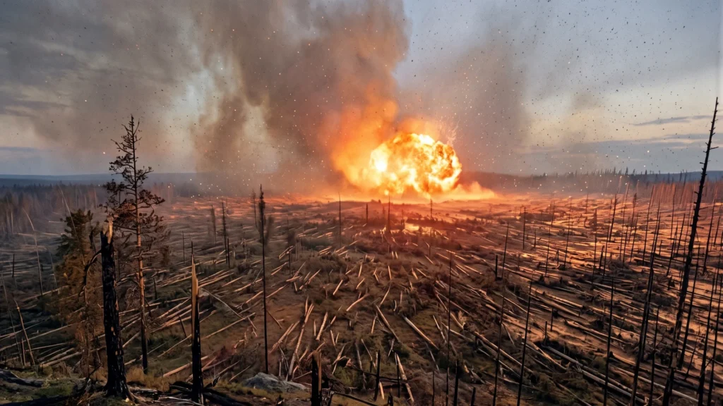 A colossal explosion of the Tunguska Event flattening miles of forest in the remote Siberian taiga at twilight.