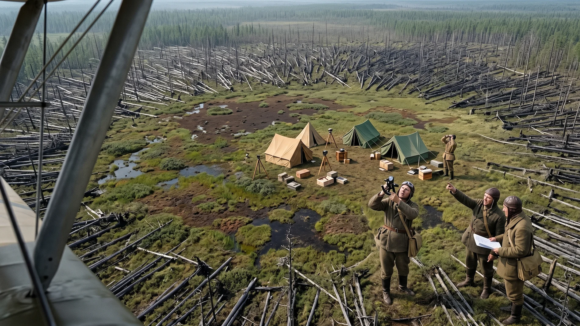 An aerial photo of the Tunguska Event hypocenter, showing flattened trees radiating outwards but no visible impact crater.