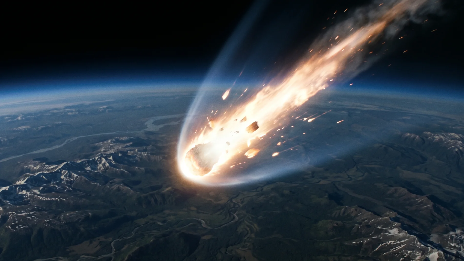 A cosmic airburst theory, showing a small asteroid entering the atmosphere and breaking apart above Siberia to cause the Tunguska Event.