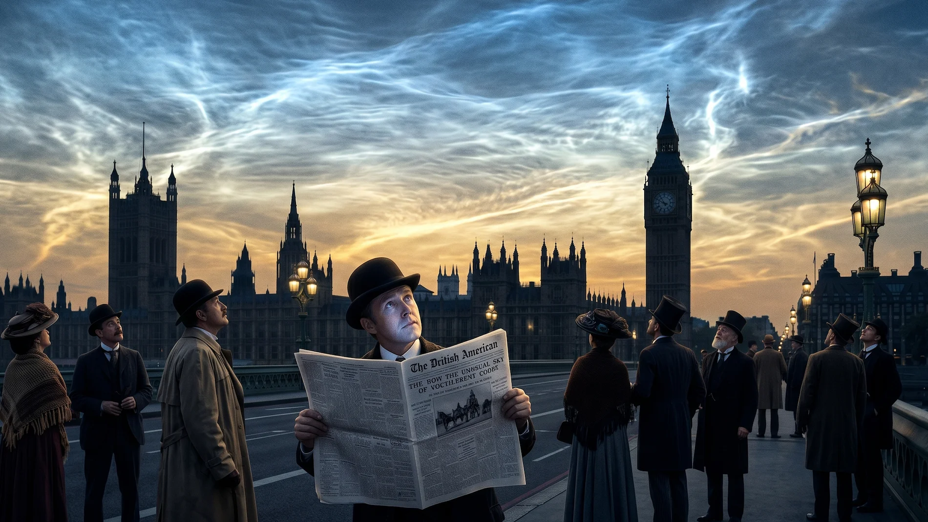 Victorian people reading newspapers at midnight on Westminster Bridge due to the glowing night skies caused by the Tunguska Event in 1908.