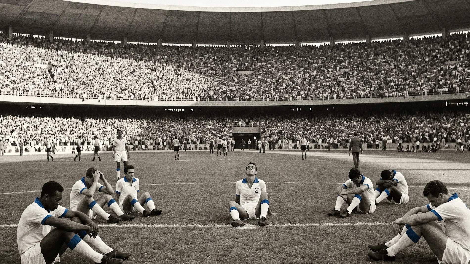 A vintage historical recreation of devastated Brazilian soccer players wearing white kits sitting on the pitch after their tragic 1950 World Cup loss at the massive Maracanã stadium.