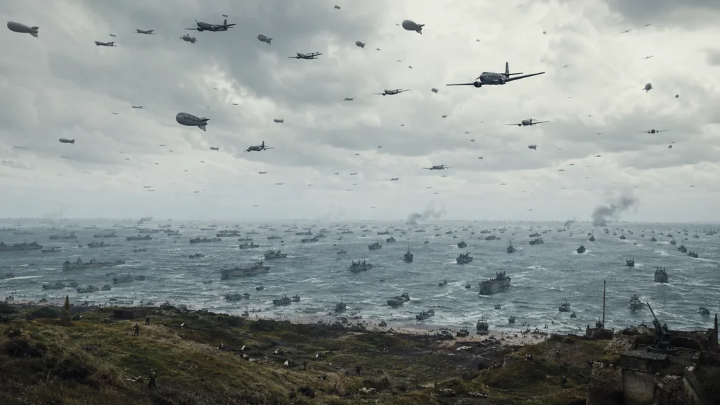A cinematic wide view of thousands of Allied warships, landing craft, and aircraft approaching the Normandy coast on D-Day.