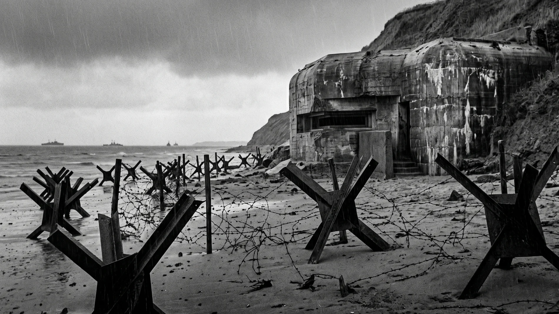 A gritty close-up of a German concrete bunker and steel tank obstacles on the wet sand of Omaha Beach.