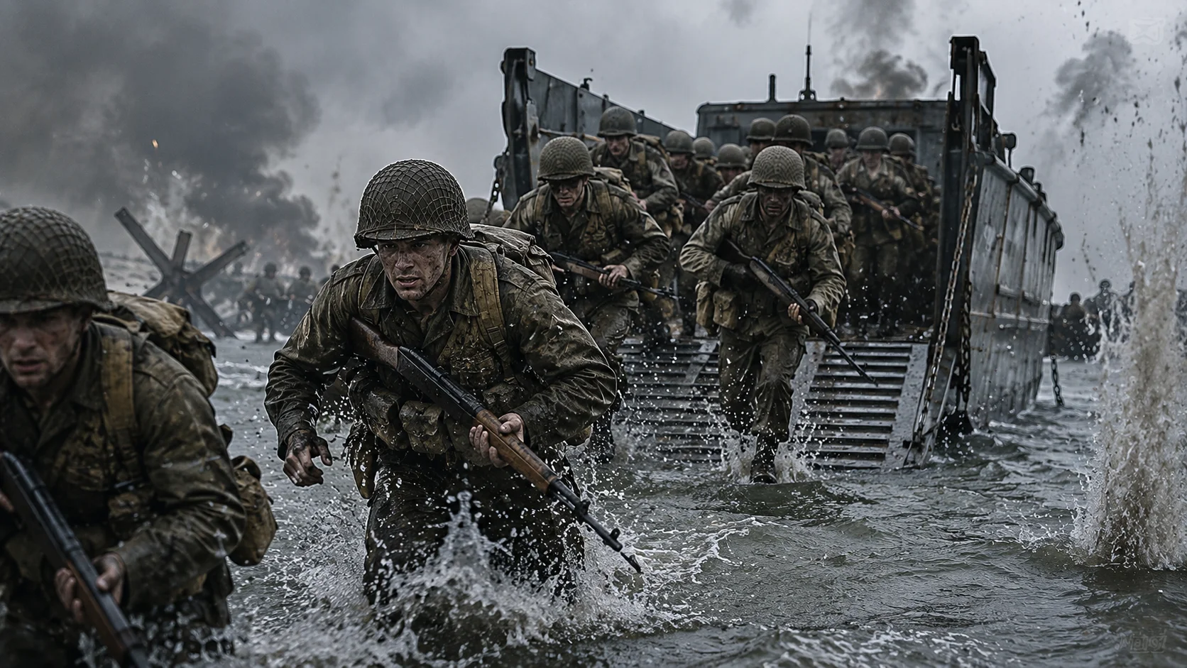 American soldiers bravely exiting a Higgins boat landing craft into the shallow surf at Normandy on June 6, 1944.
