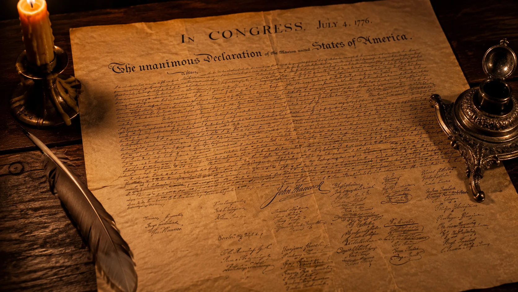 A highly detailed close-up of the aged Declaration of Independence parchment with a quill pen on a dark wooden table.