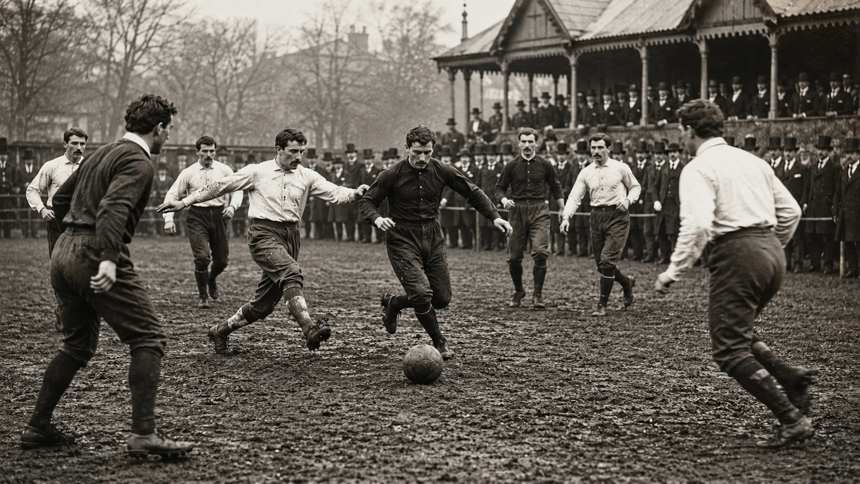 Alt text (EN): A vintage historical recreation of Victorian-era men playing in the first international soccer match in 1872 between England and Scotland.