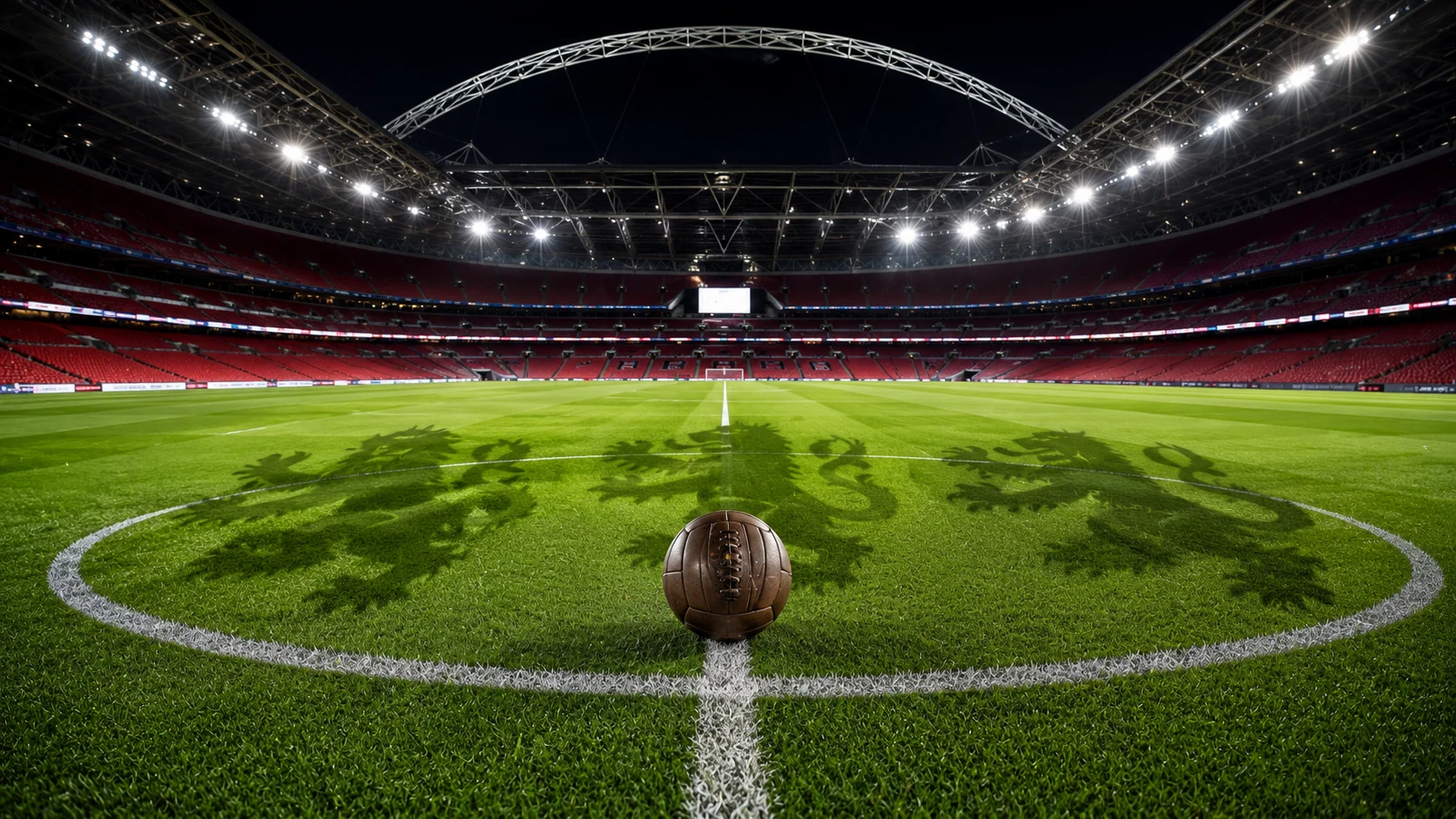 A vintage 19th-century leather football on the modern pitch of Wembley Stadium under floodlights, representing the deep history of English soccer.