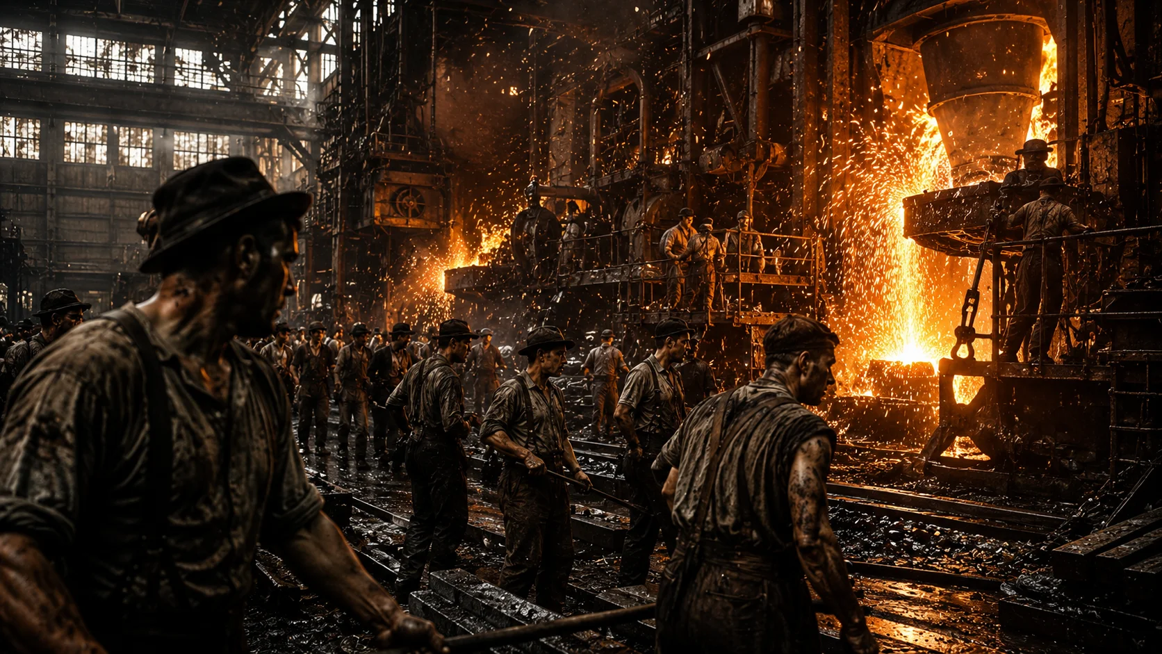 A gritty, realistic depiction of exhausted 19th-century workers inside a massive, dimly lit industrial steel mill.