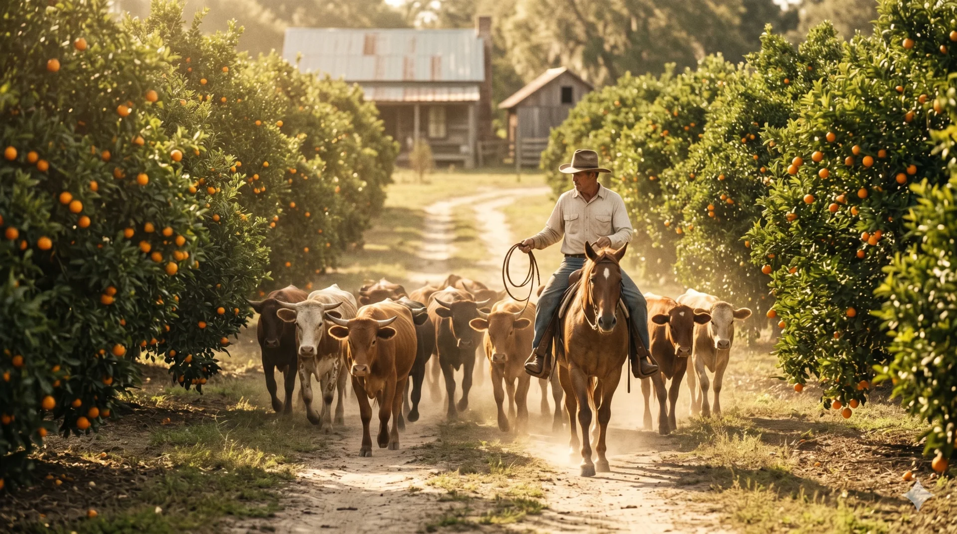 A vintage recreation of a Florida cowboy on horseback guiding cattle through an orange grove in the 1920s.