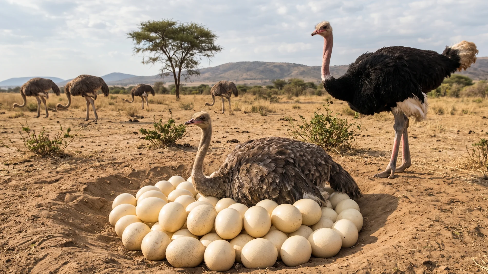 Ostriches utilize a highly organized and unique communal nesting system to ensure the survival of their offspring. A dominant male will territory and court a primary female, along with several secondary females. All of the females will lay their massive eggs into a single, shallow pit dug into the dirt, known as a "dump nest," which can hold up to 60 eggs at a time. The alpha pair takes complete responsibility for incubating the massive clutch, with the camouflaged brown female sitting on the nest by day and the black-feathered male taking over by night.