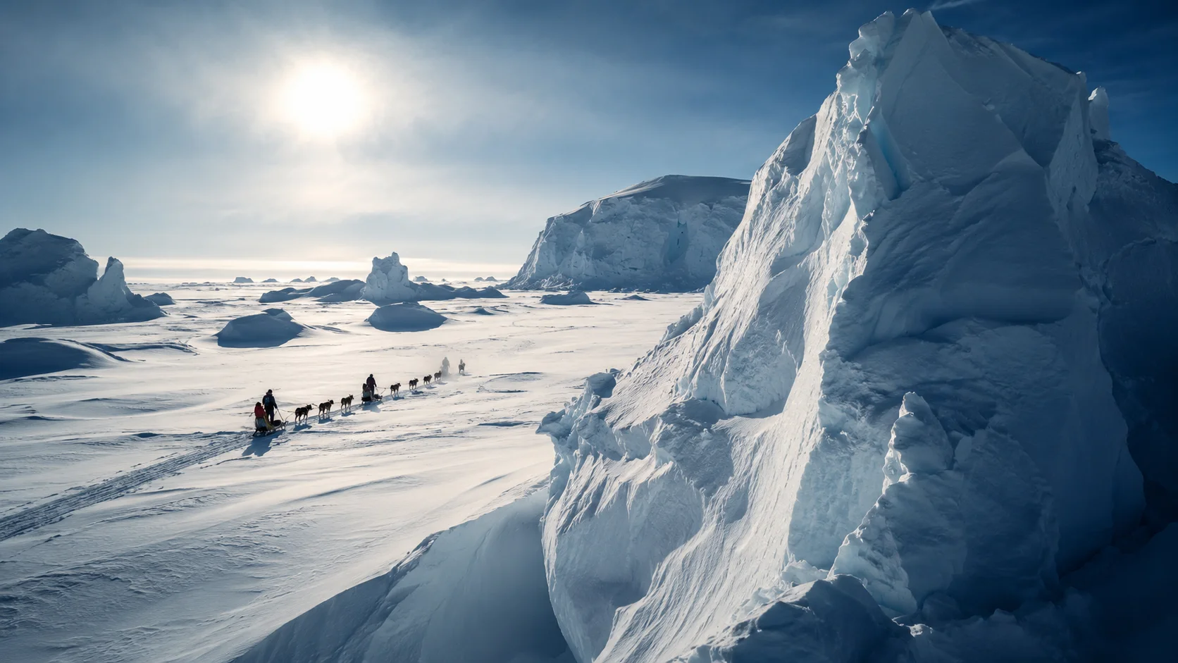 A cinematic wide view of polar explorers and a dog sled navigating the vast, icy landscape of Antarctica under a freezing sun.
