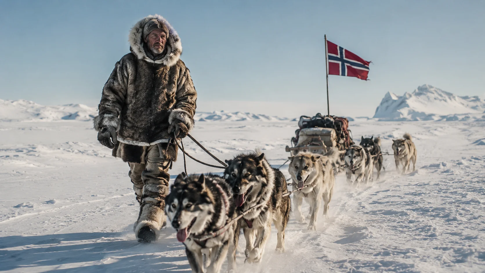 A polar explorer in heavy traditional fur clothing efficiently guiding a dog sled across the bright Antarctic snow.