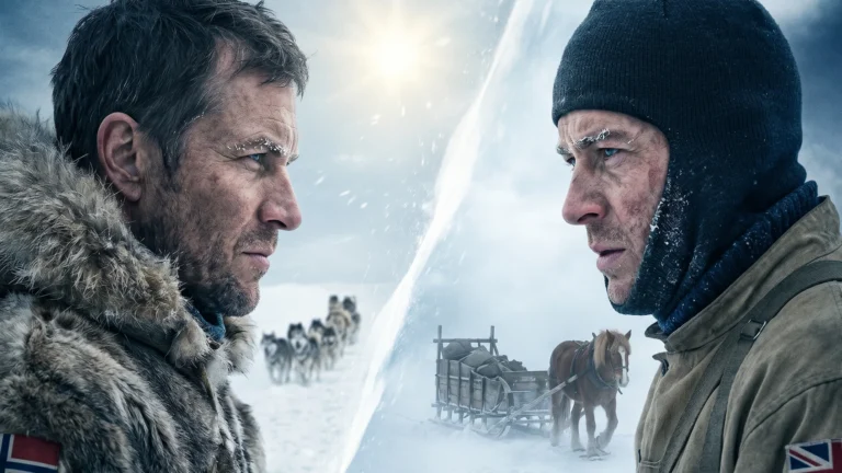 A dramatic stare-down portrait of polar explorers Roald Amundsen and Robert Falcon Scott facing each other. Amundsen is on the left in fur with a Norwegian flag and dog sled, while Scott is on the right in canvas gear with a British flag and pony sledge, set against a freezing Antarctic landscape.