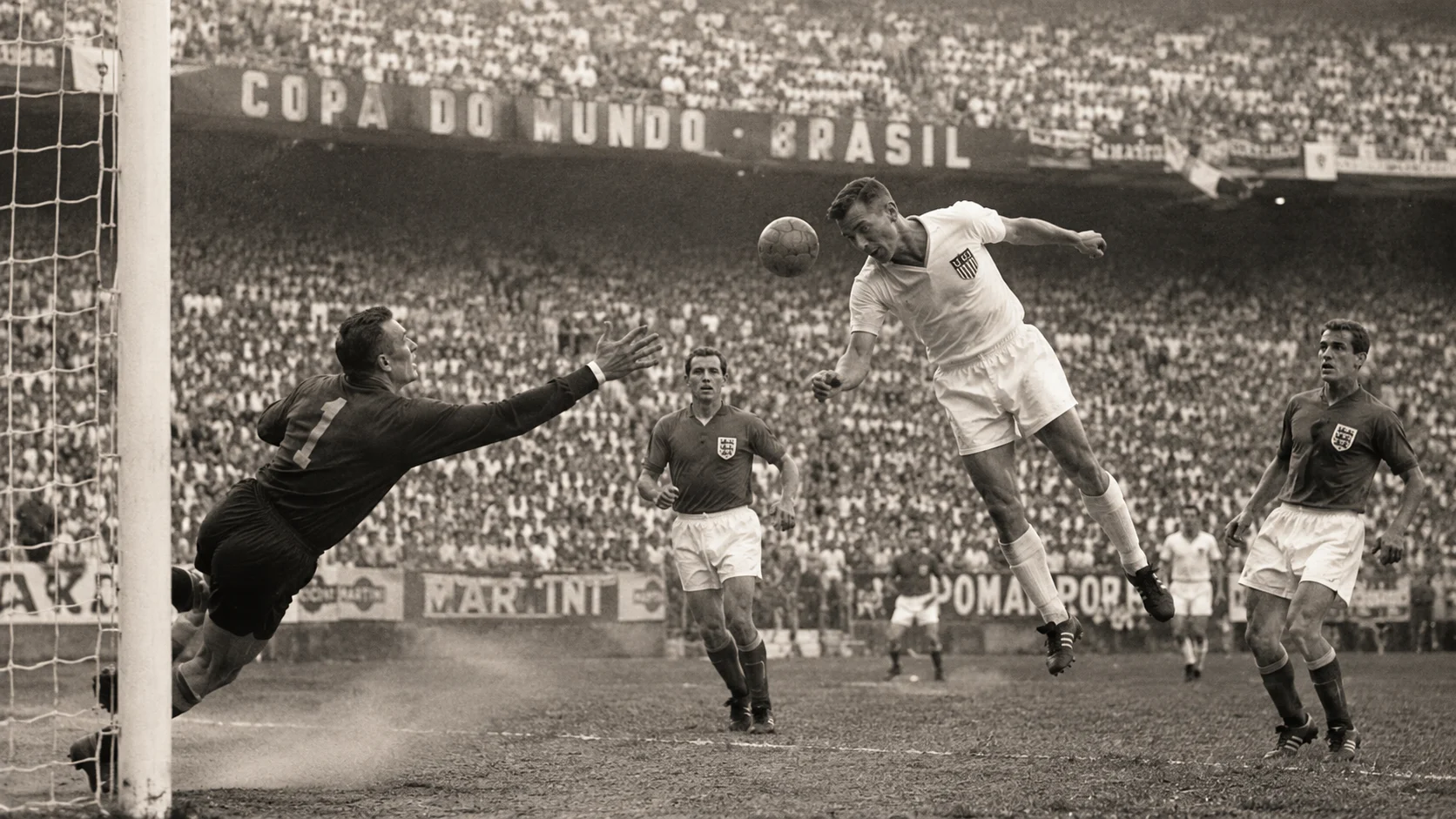 A vintage black and white photograph of a US player scoring against England in the historic 1950 World Cup match.