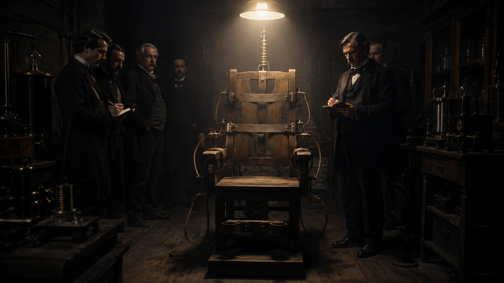 An ominous 19th-century laboratory setup showing an early wooden electric chair used during the War of the Currents propaganda.