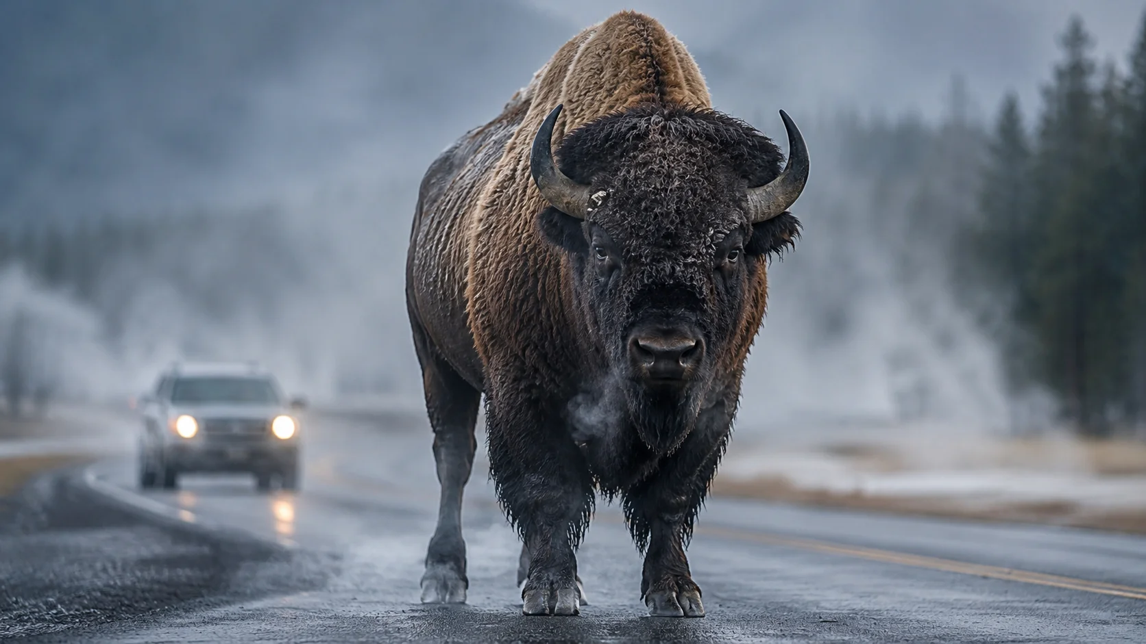 A massive, muscular bison standing aggressively in the middle of a misty road in Yellowstone National Park, blocking a stopped tourist car.