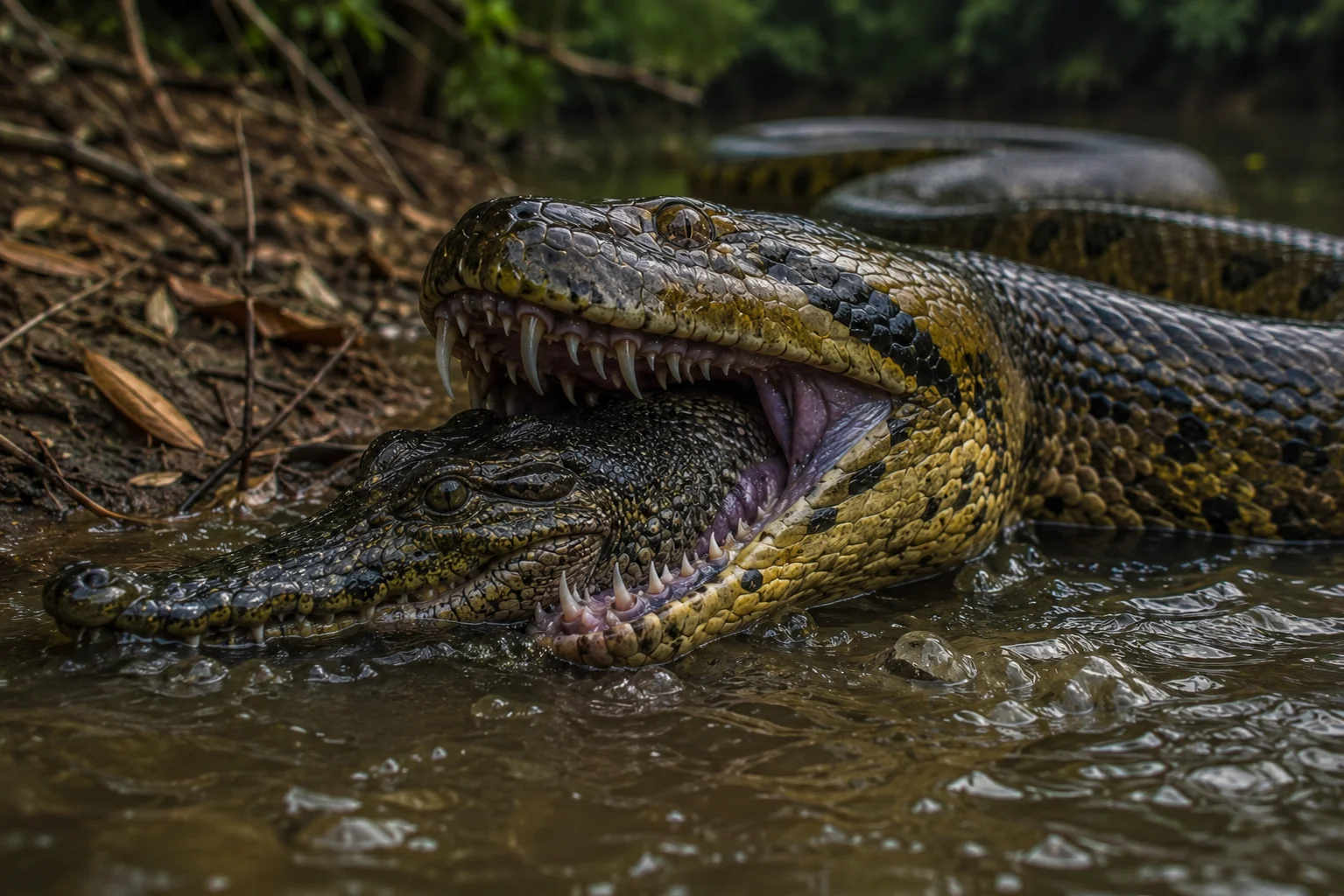 Anaconda with big teeth is eating crocodile