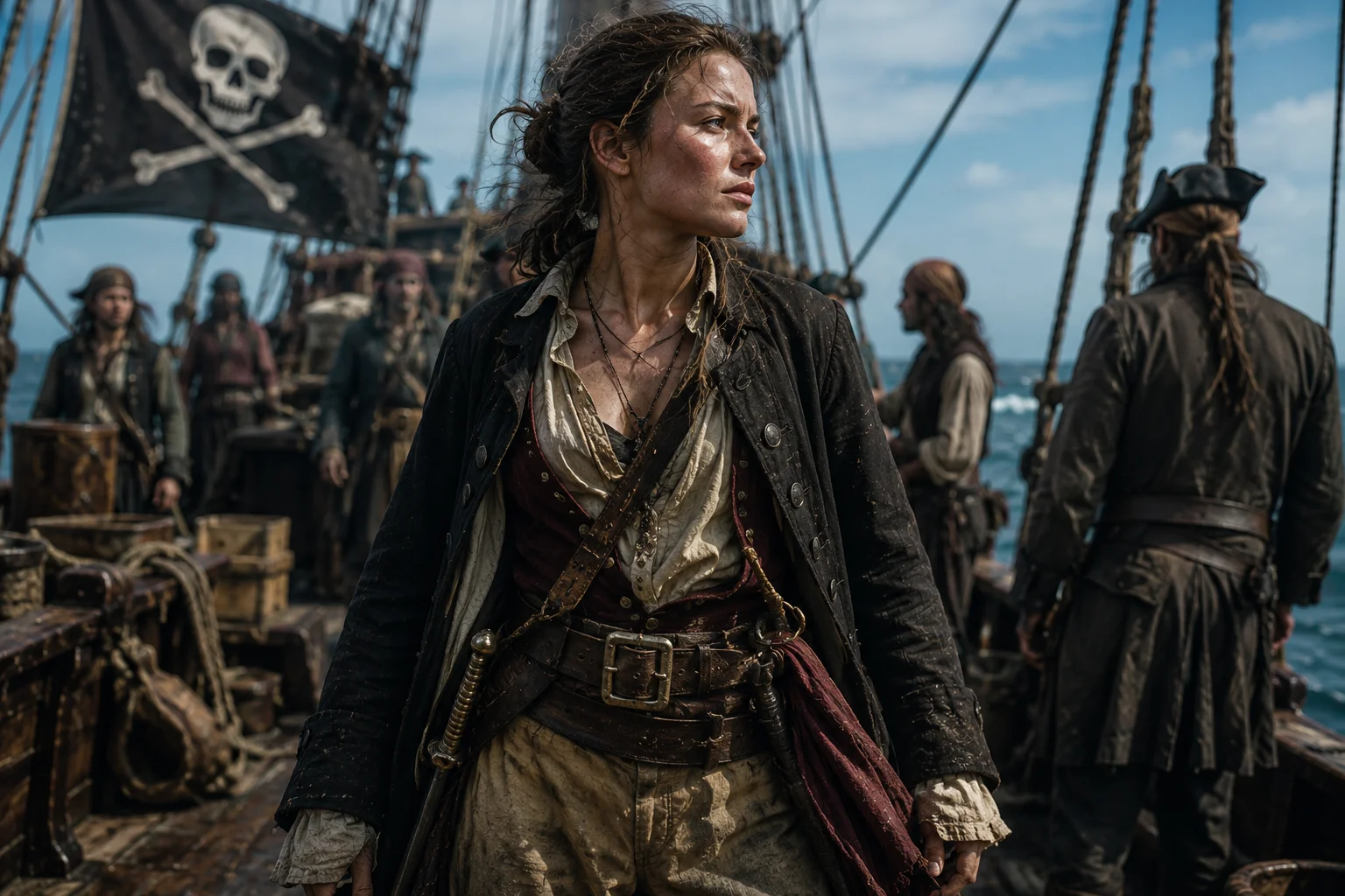 Woman pirate wears practical dress.
